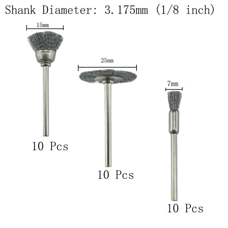JUNLIXN 𝐉𝐔𝐍𝐋𝐈𝐗𝐍 30 Pcs Wire Brush Wheel, 1/8 Inch Shank Coarse Crimped Steel Wire Brushes Kits for Dremel Rotary Tool (Silver) - Image 3
